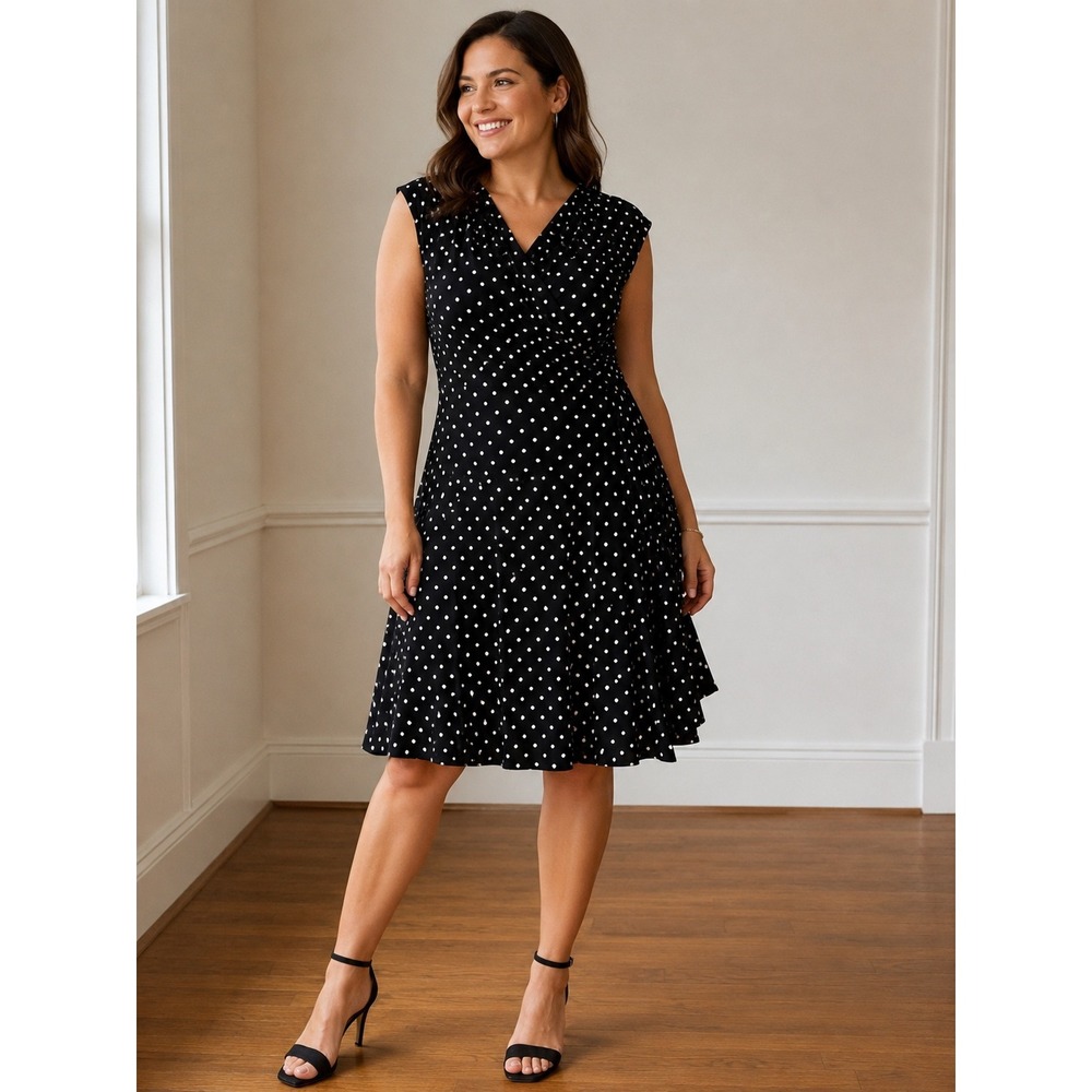 Lauren Ralph Lauren Polka Dot Faux Wrap Dress Black White Size 10 Cap Sleeve